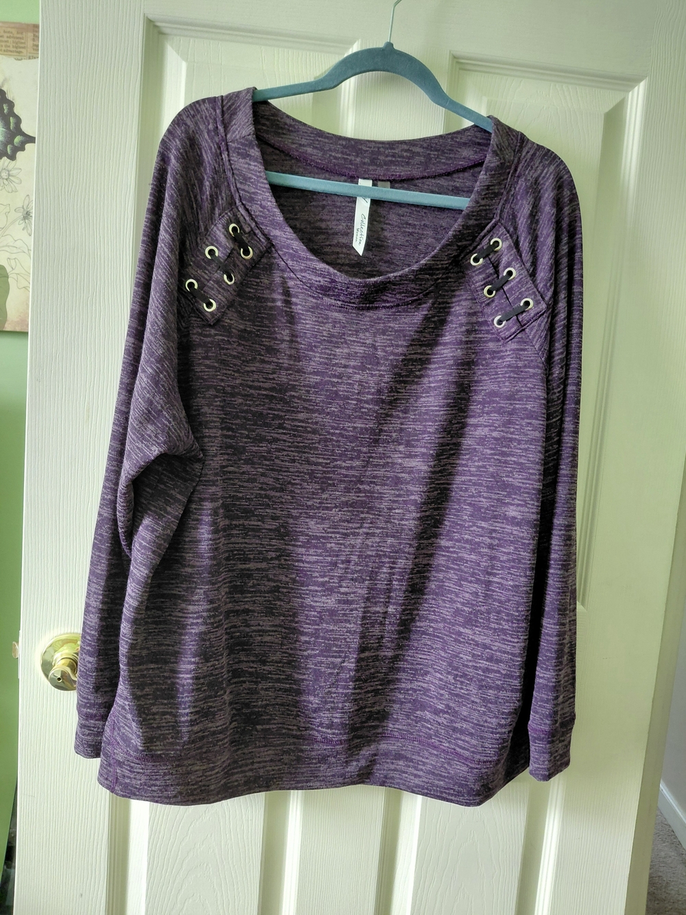 NY Collection Purple Lace-Up Shoulder Knit Sweatshirt